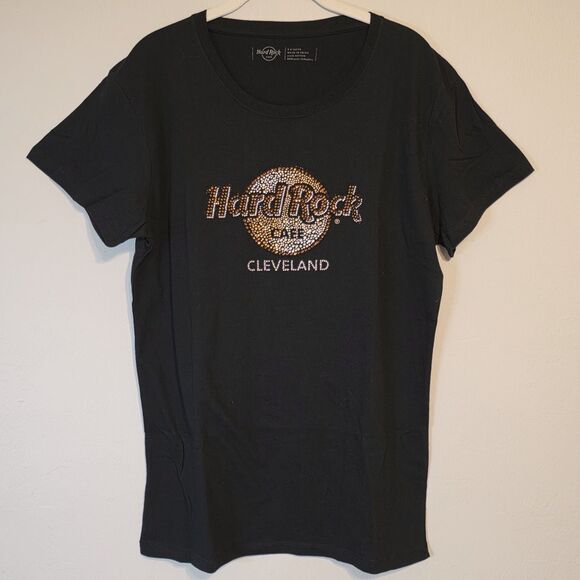 Hard Rock Cafe CLEVELAND Women's Black T-Shirt Rhinestone Logo Cotton Chest 42" - Picture 2 of 6